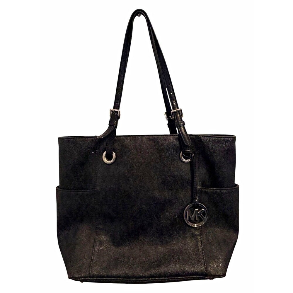 Michael Kors Black Monogram Tote Bag Zip Double Handles Charm Pockets Lined